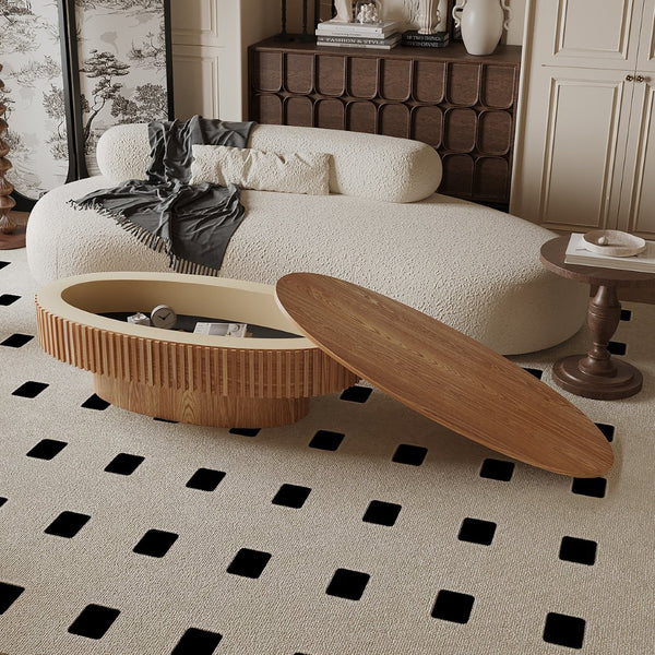 English Elm 47'' Oval Storage Coffee Table Fluted Wood Veneer Lift Lid Sculptural Living Room Accent Natural Wood W1435P293222