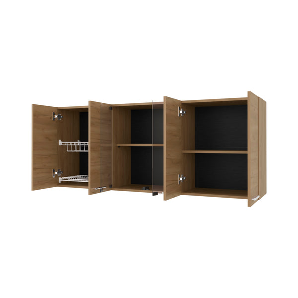 English Elm Lydia Modern Wall Cabinet in Natural Oak Finish with 4 Doors, Glass Display & Metal Handles — Sleek Storage Solution B128P287519