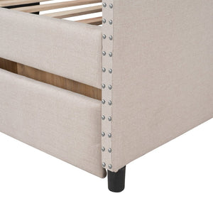 English Elm Upholstered Full Daybed with Linen Tufted Back Rivet Arms and Two Storage Drawers LP002111AAA