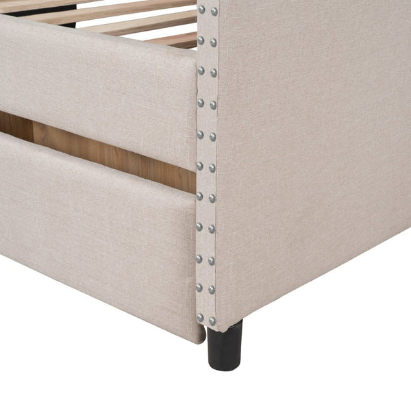 English Elm Upholstered Full Daybed with Linen Tufted Back Rivet Arms and Two Storage Drawers LP002111AAA