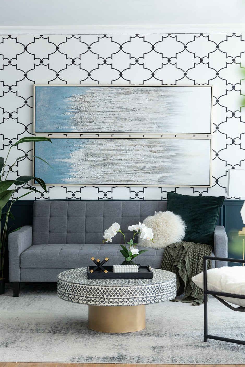 English Elm S/2 Dhalia Ombre Wall Art Set of 2 71x21" Hand-Painted Blue-to-Gray Panels with Silver Accents W2078P318306