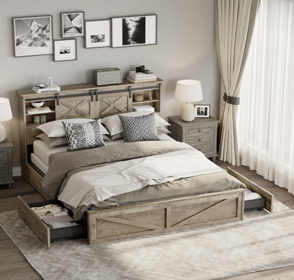 English Elm Farmhouse King Storage Bed Rustic Wood Headboard with Led Lights and Charging Hub W1670P362672