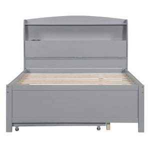 English Elm Full Size Wooden Led Platform Bed With Trundle, Storage Headboard & Usb Charging – Gray Finish N820S10009E