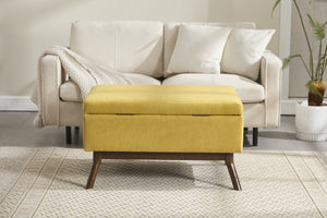 English Elm Mid-century square storage bench with solid wood frame, microfiber upholstery, versatile ottoman seat and tabletop functionality for living room and entryway appeal Yellow W1539P269657