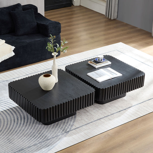 English Elm 31.5 Inch Modern Handcraft Drum Coffee Table Square MDF Pedestal Low Profile Rustic Accent Table Black W2582P360257