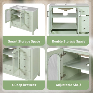 English Elm 36" Green Bathroom Vanity with Waffle Texture Doors, 4 Drawers, Glass Panels, Soft-Closing, Modern Storage N710P280025C