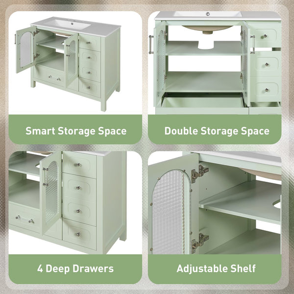 English Elm 36" Green Bathroom Vanity with Waffle Texture Doors, 4 Drawers, Glass Panels, Soft-Closing, Modern Storage N710P280025C