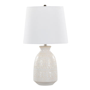 English Elm Claudia Off-White Ceramic Table Lamp Set of 2 with Textured Vase Base, White Linen Shade, Polished Nickel Accents B202P224014