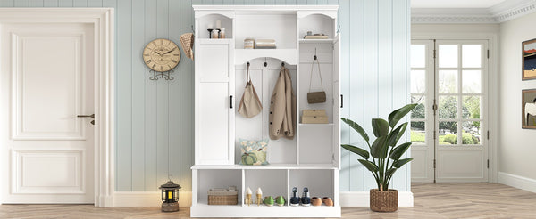English Elm On-trend Farmhouse Hall Tree with Dual Cabinets Seven Hooks and Arched Entryway Storage White N721S000078K