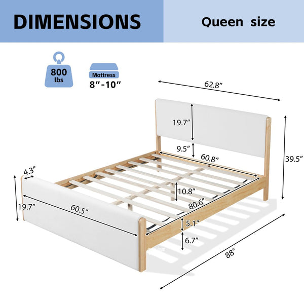 English Elm Queen Platform Bed Natural Wood Frame Beige Upholstered Headboard Low Profile N758Q909899N