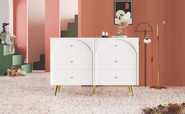 English Elm Modern metal-foot six-drawer two-door dining cabinet with wood finish, durable storage for kitchen & living room W2565P248231