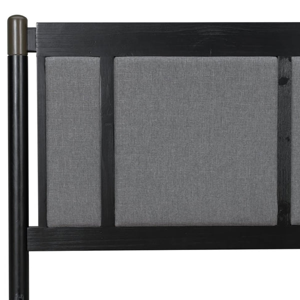 English Elm Solid Pine Queen Bed Industrial Upholstered Headboard with Iron Handles 500 Lb Frame Black,Dark Grey N770PQ361408B