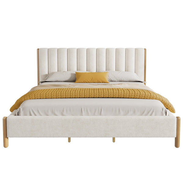 English Elm Christopher Knight Home® - King Boucle Upholstered Bed Frame with Plush Vertical Headboard, Solid Wood Legs, No Box Spring Needed White N757P256984K