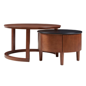 English Elm Vintage Round Nesting Coffee Table with Fluted Drawer, Two-Tone Black & Walnut, Sturdy 176lb Capacity N735P332426D