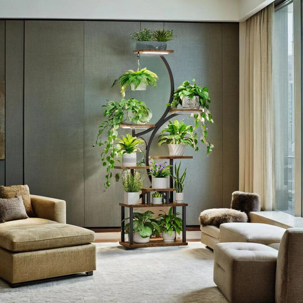 English Elm Plant 8-Tier S-Shaped Plant Stand with 3-Head Grow Lights, 62" Tall Mobile Metal Rack w/Timer and Wheels W2641P199619