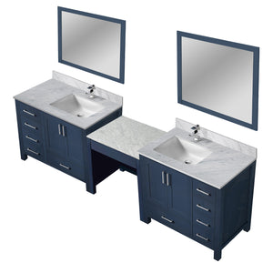 English Elm Navy Blue Double Bath Vanity 102" W With Carrara Marble Top, Chrome Faucets, & Stylish Mirrors Set B2731S01229