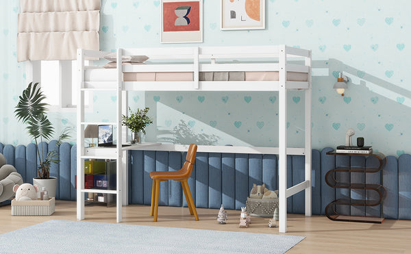 English Elm Twin High Loft Bed with Built-In Desk and Ladder — Space-Saving Rubberwood Study & Sleep Solution White W504P206979