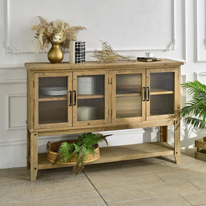 English Elm 59.06" Rustic Wood Sideboard with Glass Door Cabinet and Open Shelf for Dining Room W3933P379119