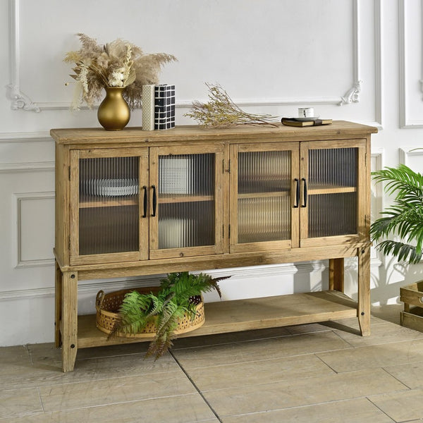 English Elm 59.06" Rustic Wood Sideboard with Glass Door Cabinet and Open Shelf for Dining Room W3933P379119