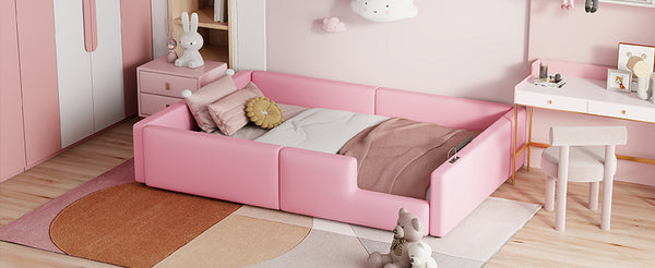 English Elm Twin Upholstered Platform Bed with Guardrail and Built-In Charging Station, Modern Sleek Design for Small Spaces Pink N709P186347H