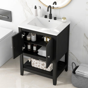 English Elm 24" Modern Sleek Bathroom Vanity with Ceramic Sink, Solid Wood Frame, Waterproof Finish and Open Shelf Storage Black N725P246473B