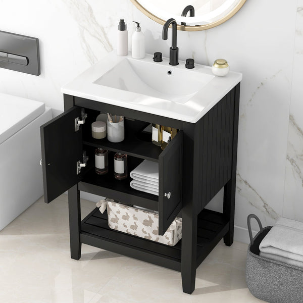 English Elm 24" Modern Sleek Bathroom Vanity with Ceramic Sink, Solid Wood Frame, Waterproof Finish and Open Shelf Storage Black N725P246473B