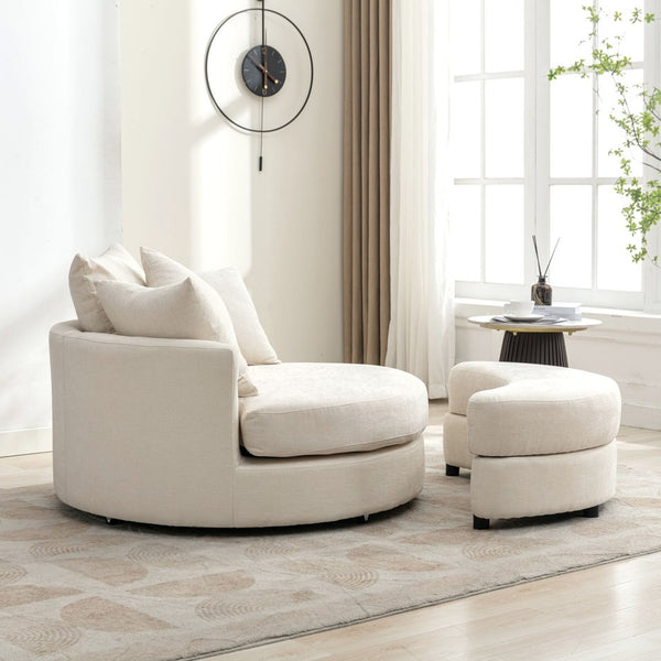 English Elm Orisfur. 360° Swivel Barrel Chair with Storage Ottoman, Plush Chenille, Pocket Spring Seat, 4 Pillows Cream WF323718AAA