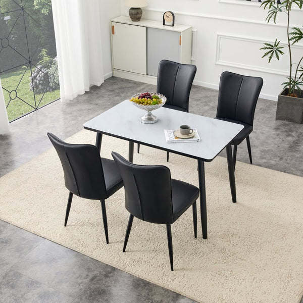 English Elm Table and Chair Set Modern Marble Glass Top with Black Metal Legs Pu Dining Chairs W1151S04659