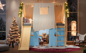 English Elm Full Size Pine Loft Bed with Slide Tent Panels Led Lights and Play Space Below W1580S00292
