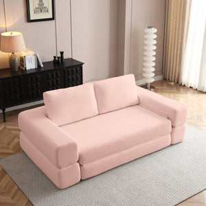 English Elm 81'' Corduroy Floor Sofa Convertible Loveseat Futon Sleeper with Foam Fill and Pillows Light Pink W1117P459735