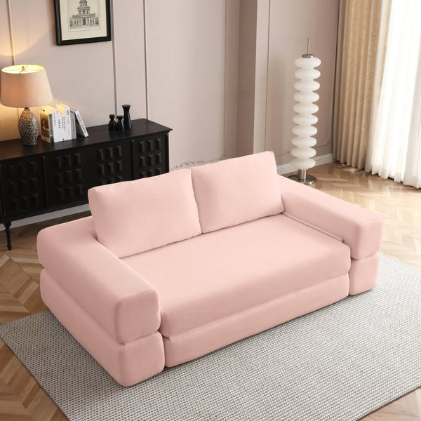 English Elm 81'' Corduroy Floor Sofa Convertible Loveseat Futon Sleeper with Foam Fill and Pillows Light Pink W1117P459735