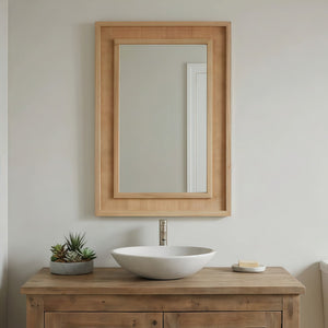 English Elm Natural Rattan Wrapped Solid Wood Rectangular Mirror Handcrafted Farmhouse Bathroom Entryway Natural Wood W2203P436617