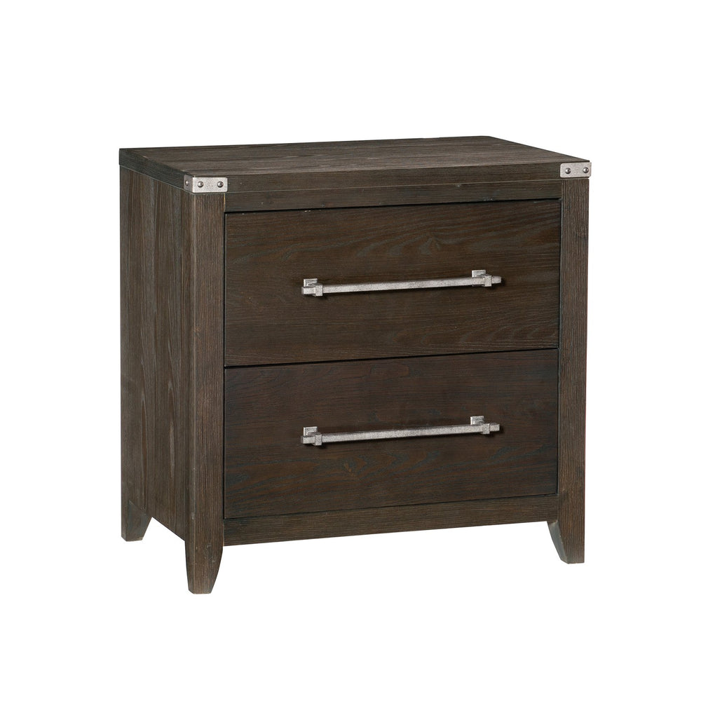 English Elm Dark Brown Bellamy Nightstand with 2 Drawers, Ash Veneer Finish and Mottled Silver Bar Pulls — Modern Transitional Bedroom B011P212249