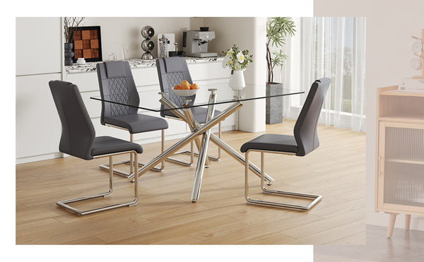 English Elm Table Modern Luxurious Dining Set - Transparent Glass Top With 4 Dark Gray Pu Chairs & Silver Legs W1151S04129-GIGA