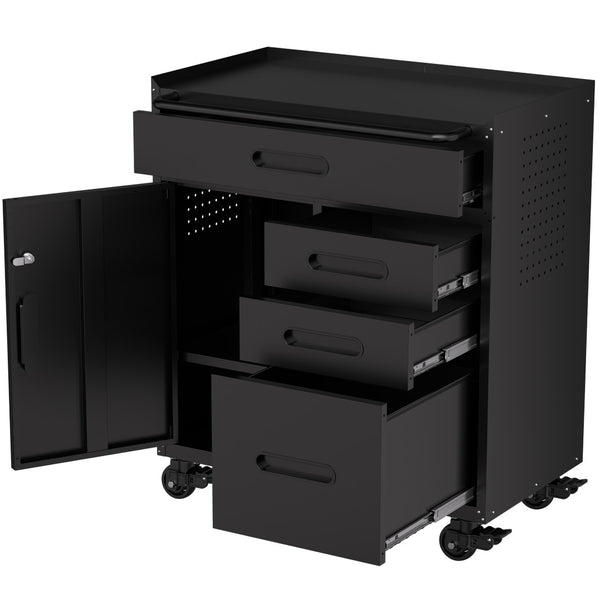 English Elm 34.3" Rolling Steel Workshop Cabinet with 3 Drawers Lockable Doors and Pegboard Sides W2735P428817
