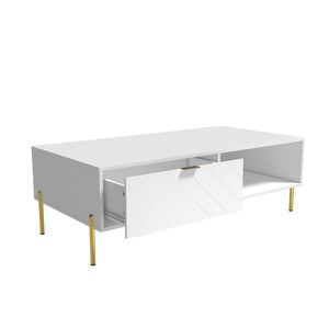 English Elm Mid-century Modern Coffee Table with Dual Drawers Tapered Legs and Open Storage Shelf White T3609P482851