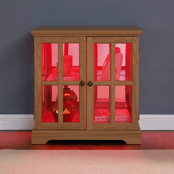 English Elm Led Curio Display Cabinet - Antique Oak Showcase With Adjustable Shelves, Remote & Lattice Doors For Home W2275P231692
