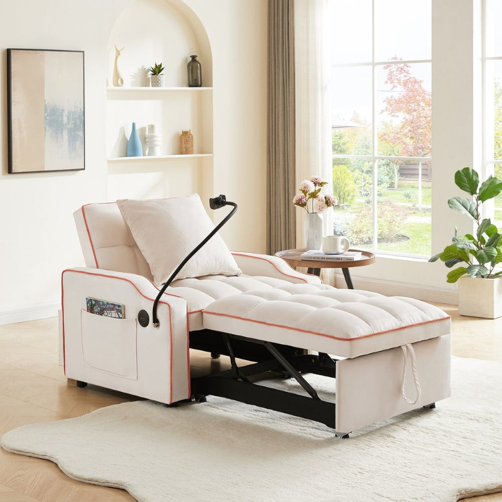 English Elm Sleeper Sofa Chair Velvet Convertible Armchair with Usb Charging for Small Spaces Beige W1359P458682