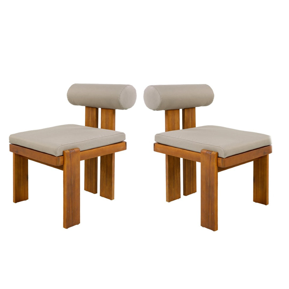 English Elm Outdoor Acacia Wood Dining Chairs Set of 2 with Sculptural Cylindrical Backrest Cushions N776P387625D