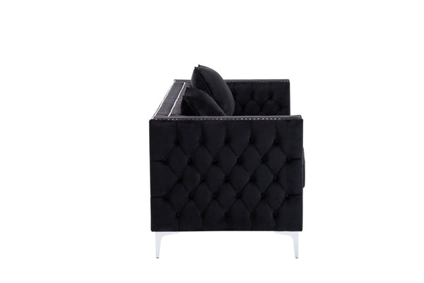 English Elm Noir Black Velvet Sofa with Button Tufting Nailhead Trim and Chrome Legs B2749S00132