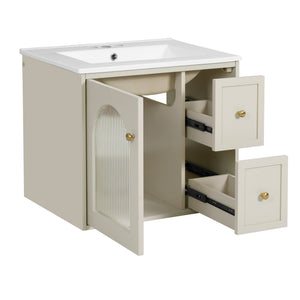 English Elm 24" Modern Wall-Mount Bathroom Vanity with Ceramic Sink, Glass Door Cabinet, 2 Drawers, Soft-Close Beige N710P286704Y