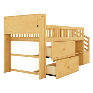 English Elm Twin Loft Bed with Built-In Stairs, Shelves, Hanging Rod & 2 Drawers for Space-Saving Kids Room Natural 45.87 L x 18.5 W x 10.83 H W2593S00005