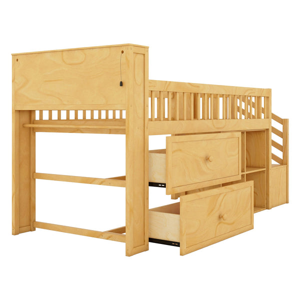 English Elm Twin Loft Bed with Built-In Stairs, Shelves, Hanging Rod & 2 Drawers for Space-Saving Kids Room Natural 45.87 L x 18.5 W x 10.83 H W2593S00005