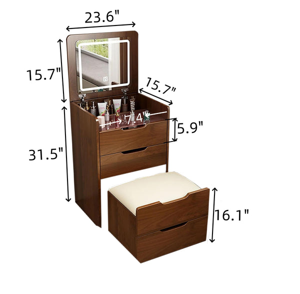 English Elm (60cm)(Walnut) 3-in-1 Lighted Flip-Top Vanity Desk with Glass Top, 3 Drawers & Stool — Compact Chic Storage for Bedroom W2641P224785