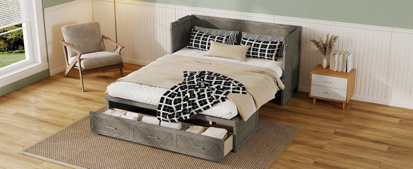 English Elm Queen Murphy Cabinet Bed Pine Wood Geometric Panel Antique Grey with Usb Charging W504S00302