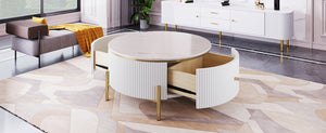 English Elm Modern Round Coffee Table with 2 Large Drawers, Marble-Pattern MDF Top & Gold Legs for Stylish Storage N735P211280K