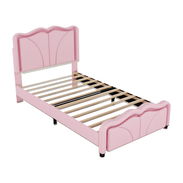 English Elm Twin Upholstered Platform Bed with Curved Headboard, Adjustable Heights, Sturdy Pine Frame, LED Accent Lights Pink WF323748AAH