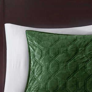 JLA Home Madison Park - 3 Velvet Quilt Set with Plush Polyester Velvet, Geometric Quilting, Antimicrobial Finish for Cozy Style Green MP13-6466