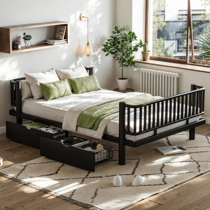 English Elm Full Size Metal Platform Storage Bed Low Profile Steel Frame with Built-in Drawers Black W5305P471350