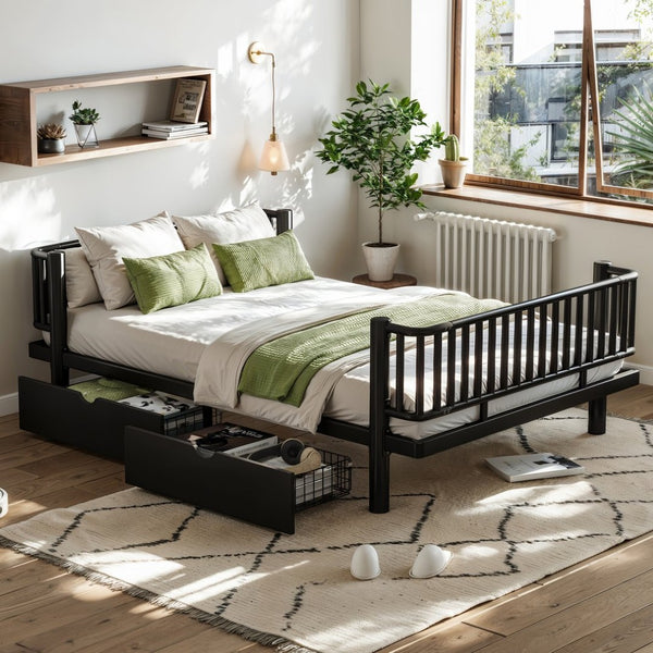 English Elm Full Size Metal Platform Storage Bed Low Profile Steel Frame with Built-in Drawers Black W5305P471350